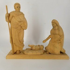 Wooden Nativity Scene Hand Carved Holy Family Farmhouse Rustic Folk Art Unsigned